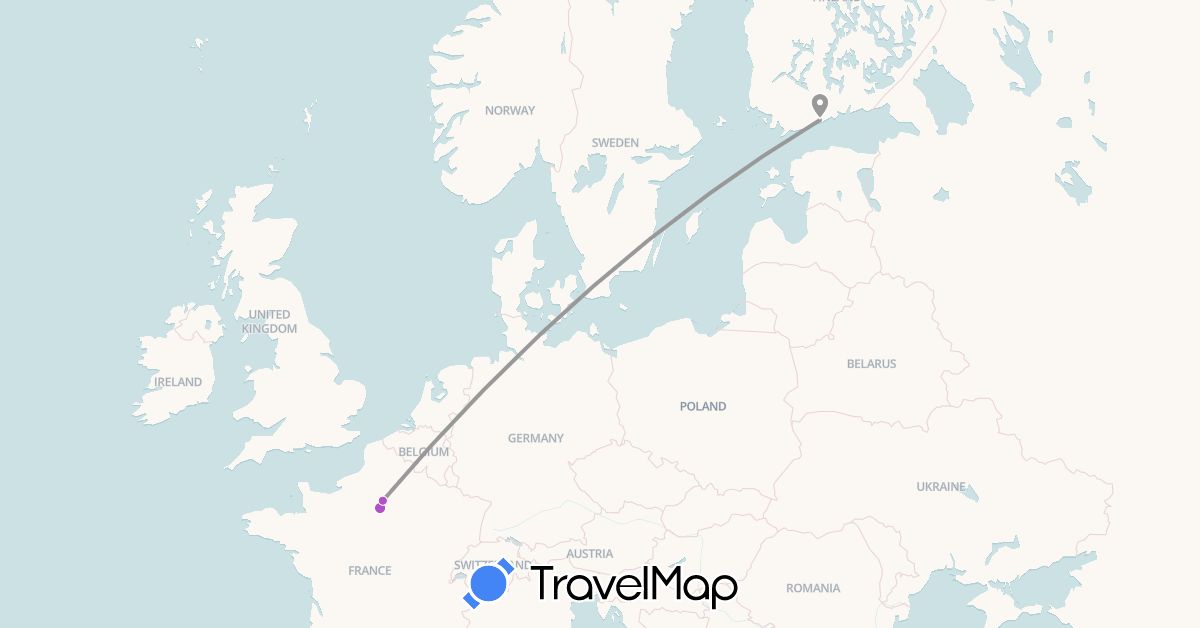 TravelMap itinerary: driving, plane, train in Finland, France (Europe)